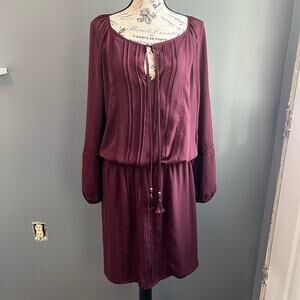 White House Black Market maroon boho midi dress with tie detail sheer sleeves
